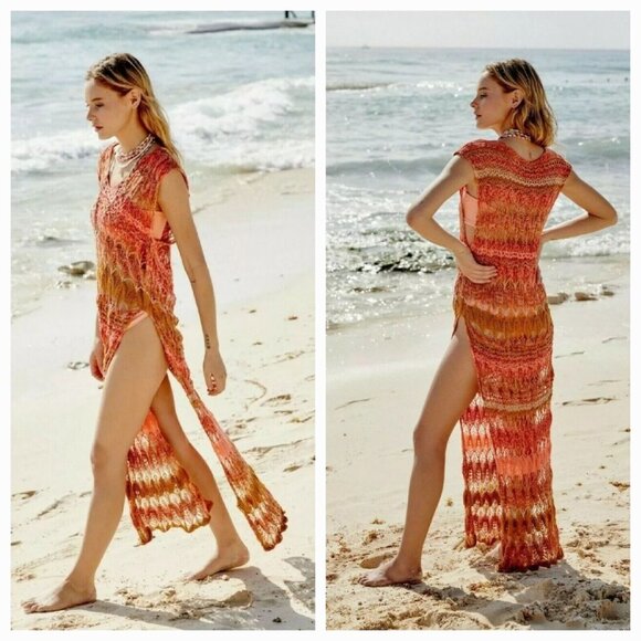 Free People Into The Flames Crochet Maxi Tunic Dress Cover-up Size M/L EUC - Picture 1 of 8
